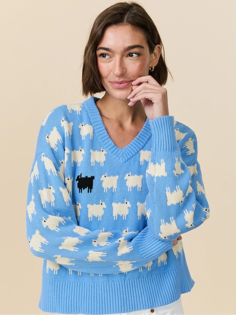NWT Rowing Blazers Warm & Wonderful Diana Cotton Linen V-Neck Sheep Sweater Blue